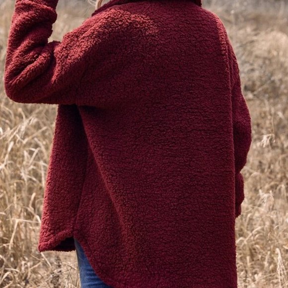 Burgundy Flap Pocket Drop Shoulder Casual Faux fur Teddy Coat - Picture 6 of 6